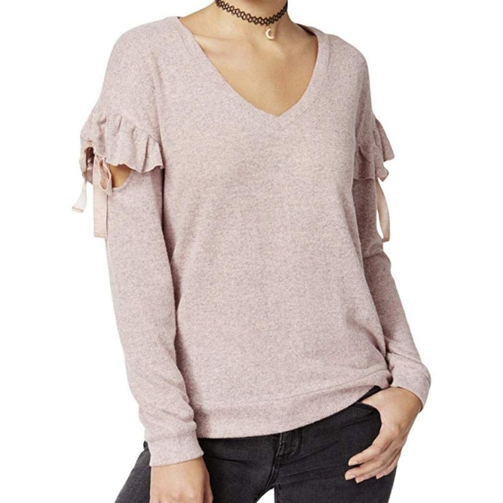 Cold shoulder Fleece with velvet ribbon ties